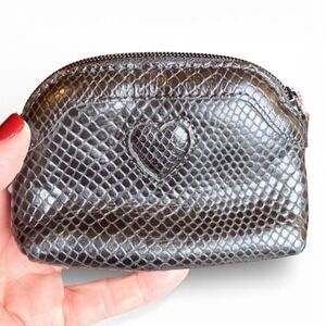 Brighton Coin Purse Heart Genuine Leather Snake‎ Embossed Metallic Silver Pouch